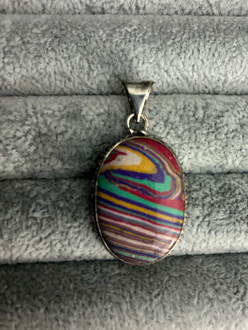 S925 Multicolor Striped Oval Pendant Necklace